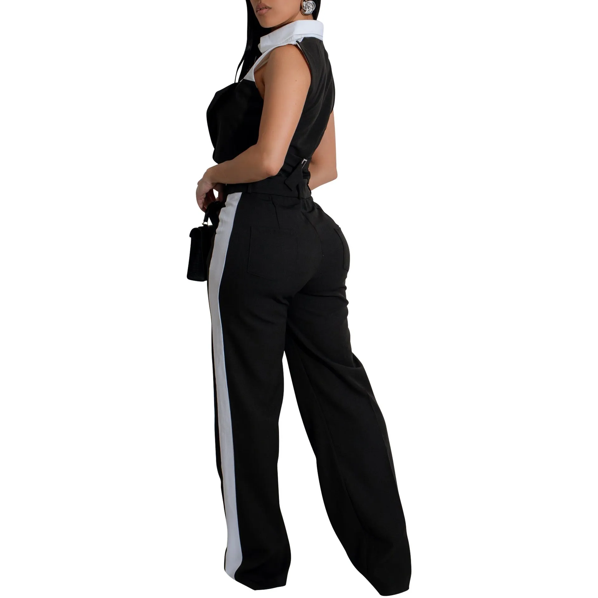 Sophisticated Contrast Panel Sleeveless Shirt and Wide-Leg Pants Set