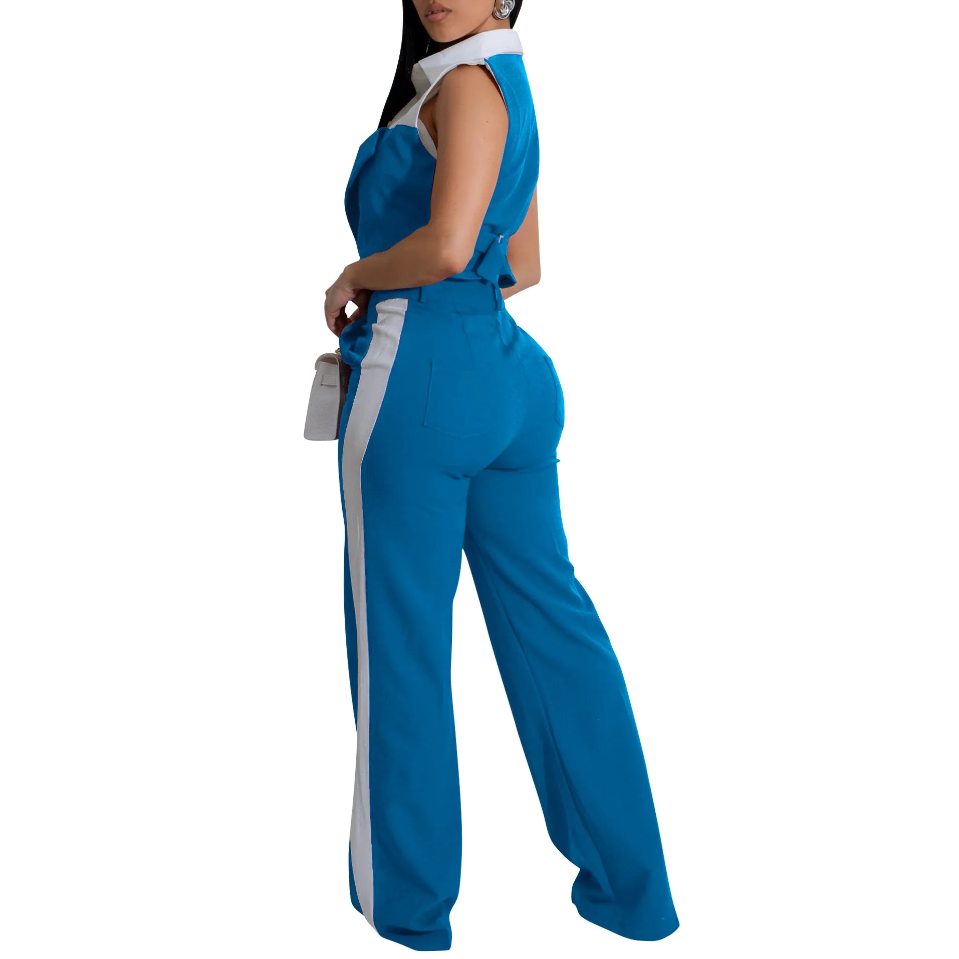 Sophisticated Contrast Panel Sleeveless Shirt and Wide-Leg Pants Set