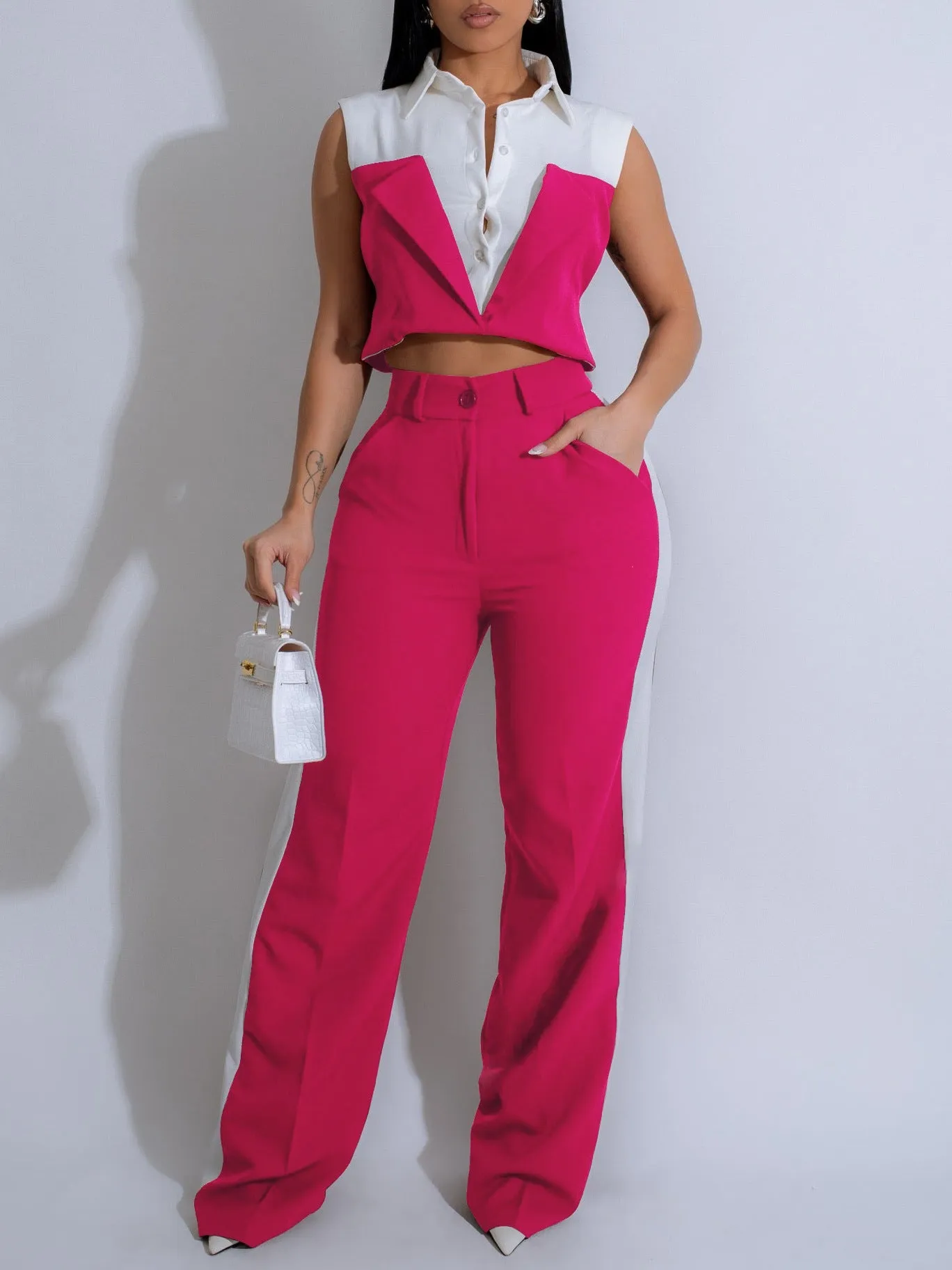 Sophisticated Contrast Panel Sleeveless Shirt and Wide-Leg Pants Set
