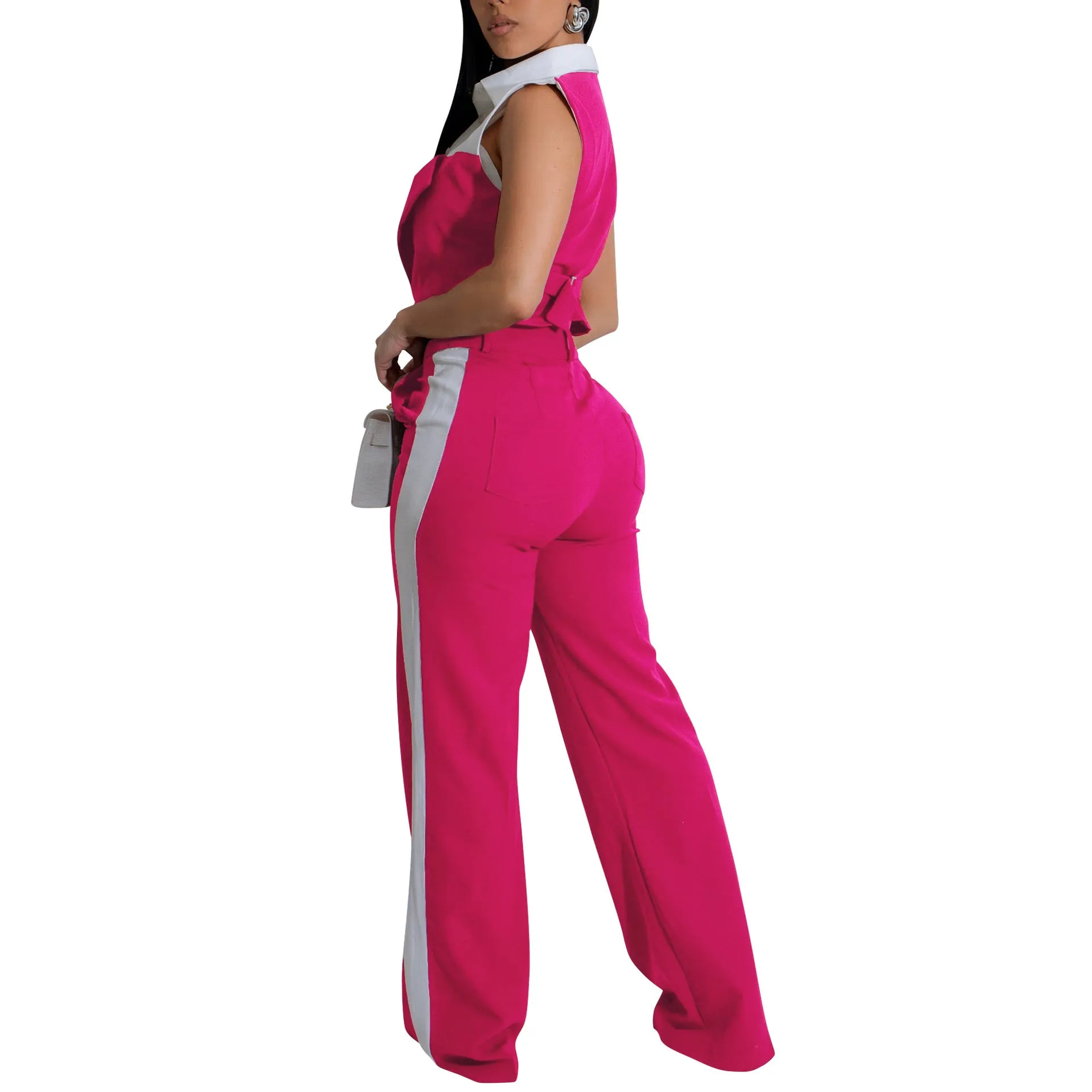 Sophisticated Contrast Panel Sleeveless Shirt and Wide-Leg Pants Set