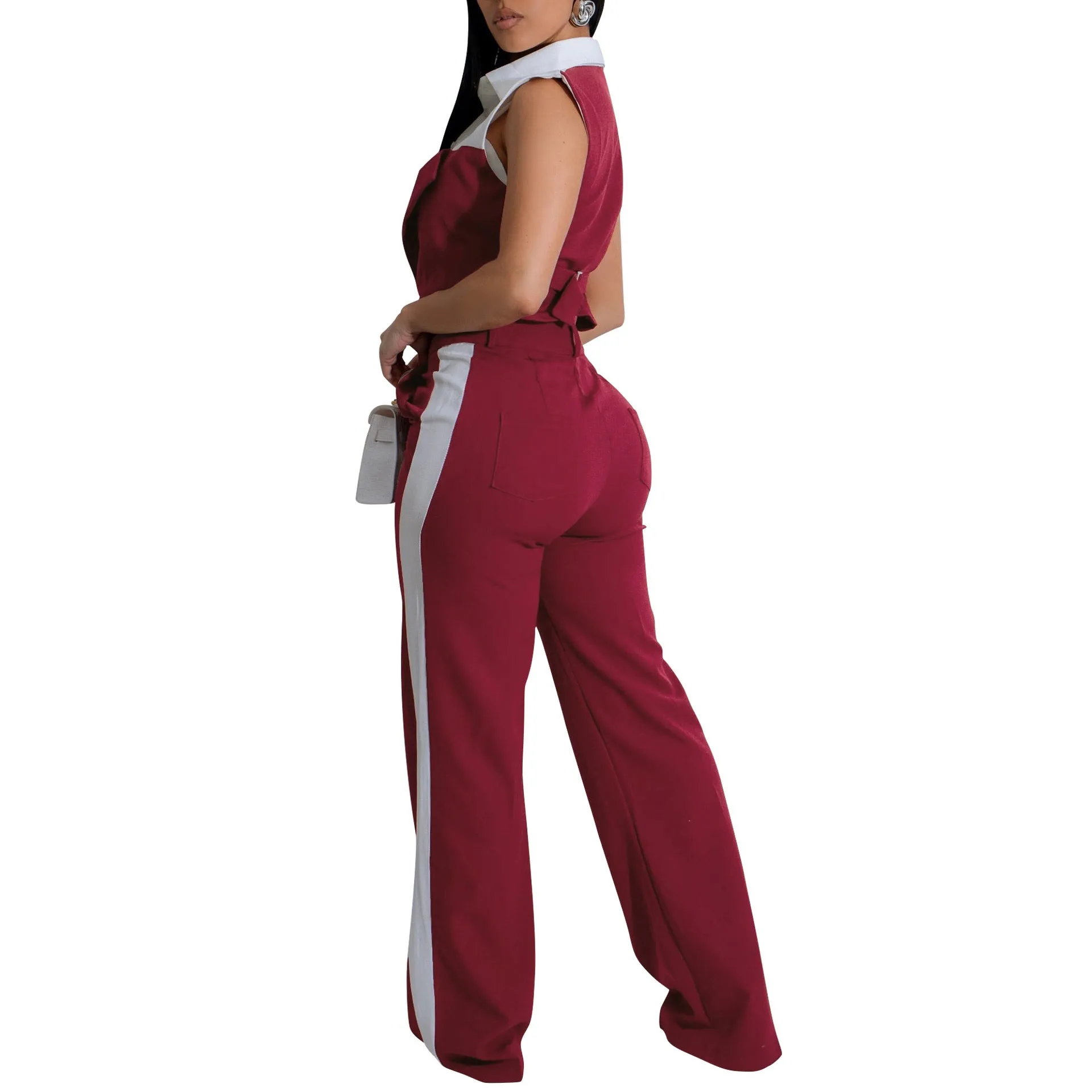 Sophisticated Contrast Panel Sleeveless Shirt and Wide-Leg Pants Set