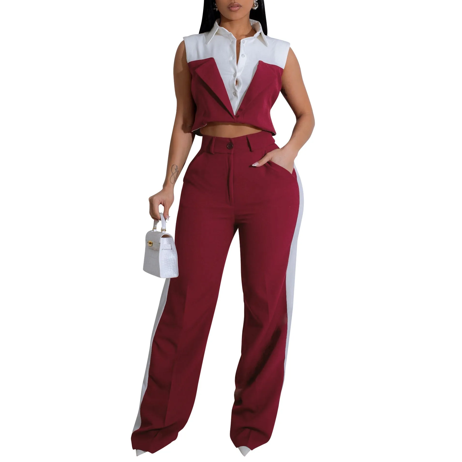 Sophisticated Contrast Panel Sleeveless Shirt and Wide-Leg Pants Set