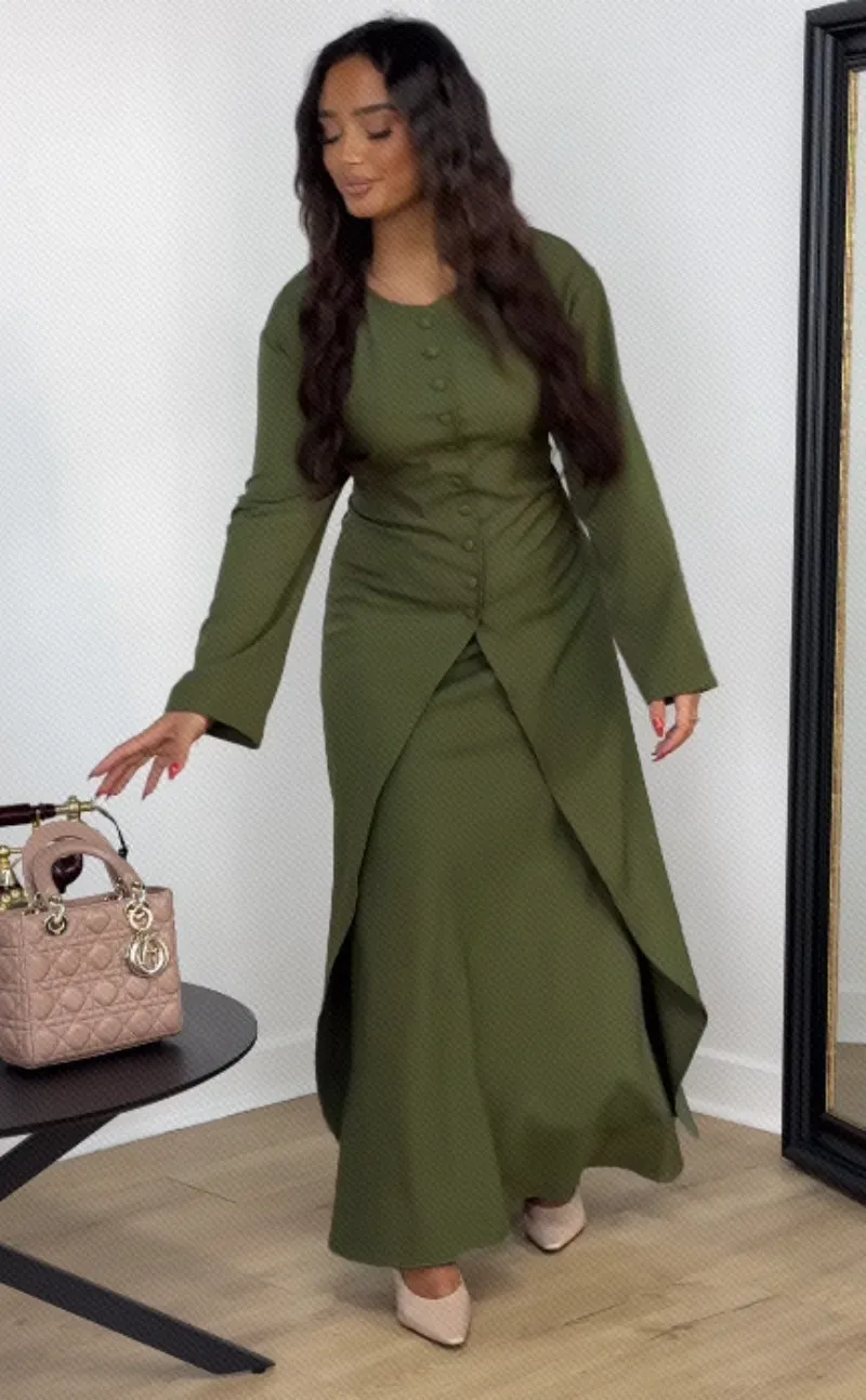 Sophisticated Satin Buttoned Two-Piece Set with Flowing Maxi Skirt