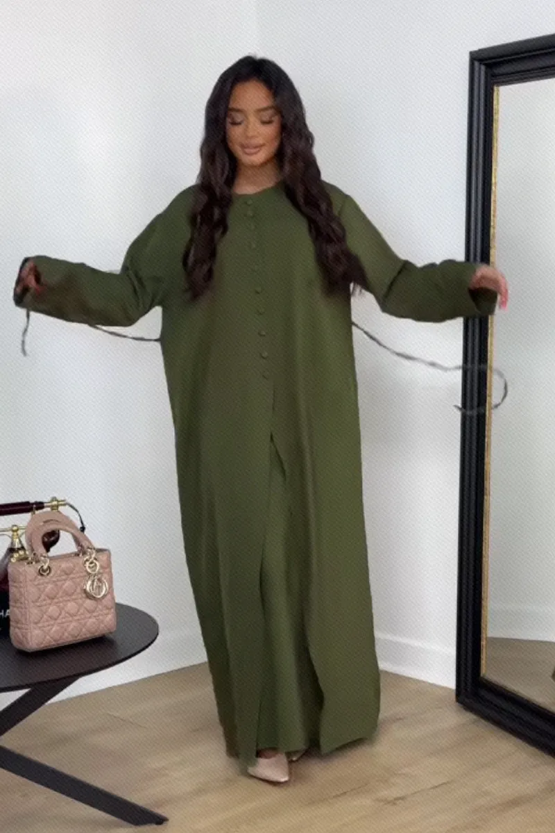 Sophisticated Satin Buttoned Two-Piece Set with Flowing Maxi Skirt