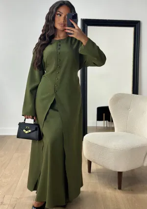 Sophisticated Satin Buttoned Two-Piece Set with Flowing Maxi Skirt