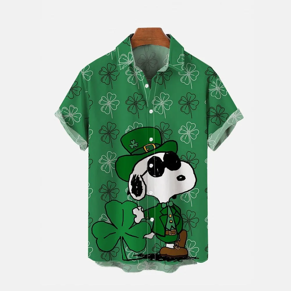 St. Patrick's Day Cartoon Dog And Clovers Printing Short Sleeve Shirt