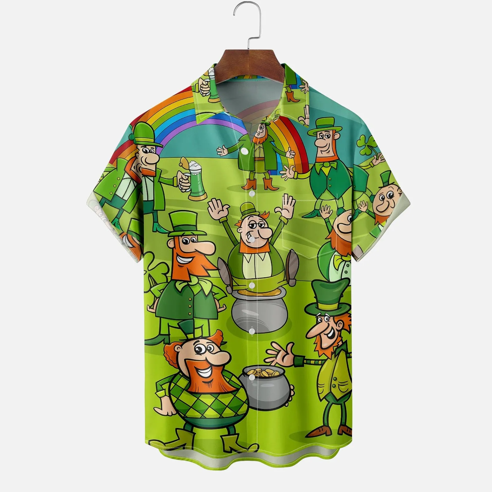 St. Patrick's Day Rainbow Print Pocket Short-Sleeved Shirt
