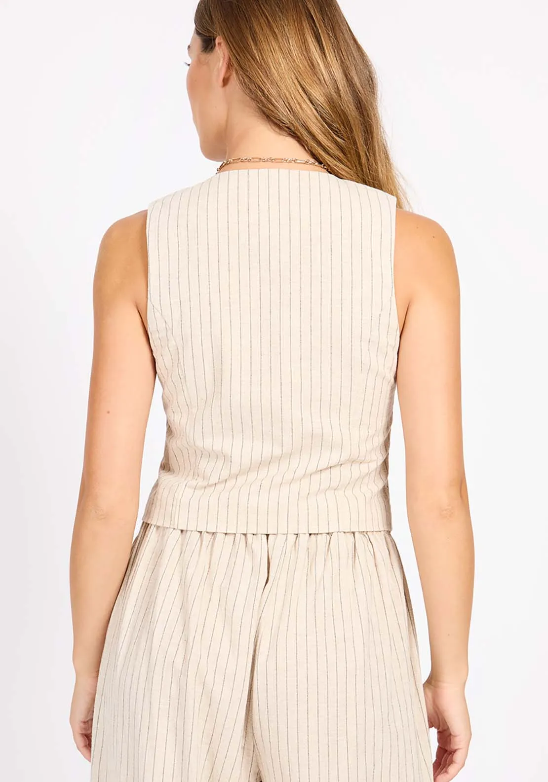 Striped  Waistcoat With Linen Blend - Oatmeal