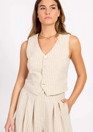 Striped  Waistcoat With Linen Blend - Oatmeal