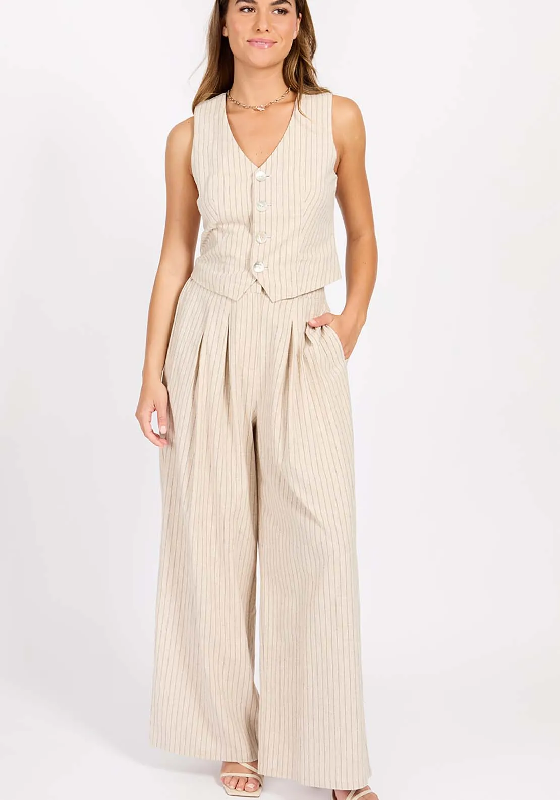 Striped  Waistcoat With Linen Blend - Oatmeal