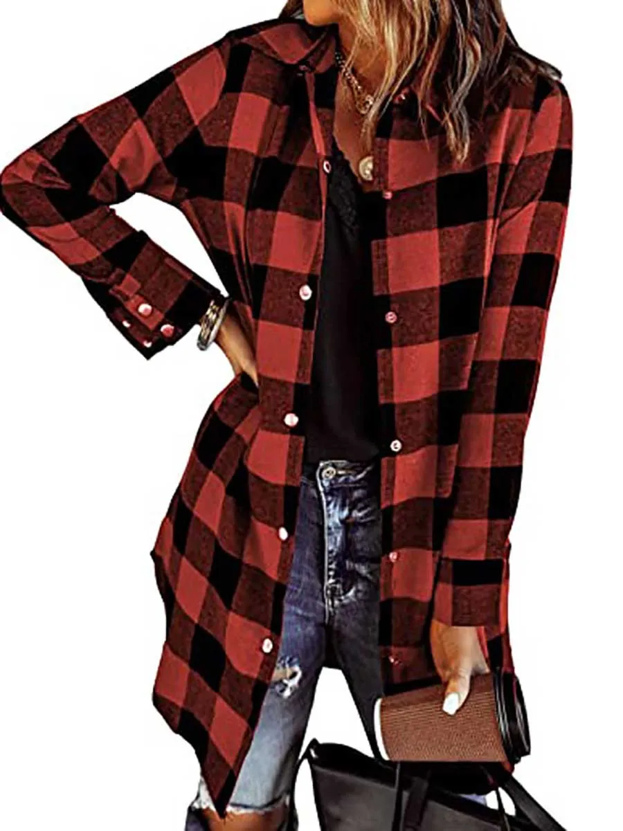 Stunncal Lapel Buttoned Plaid Shirt Jacket