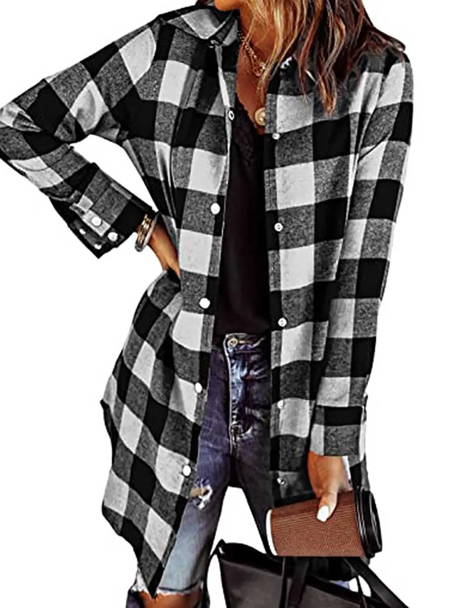 Stunncal Lapel Buttoned Plaid Shirt Jacket