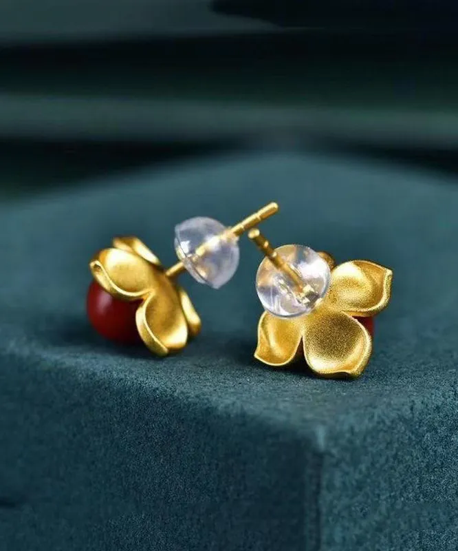 Stylish Red Sterling Silver Overgild Inlaid Agate Stud Earrings