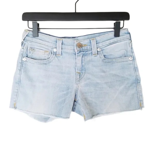 TRUE RELIGION Cora Mid Rise light wash cut off jean shorts raw hem Size 25