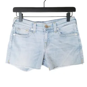 TRUE RELIGION Cora Mid Rise light wash cut off jean shorts raw hem Size 25