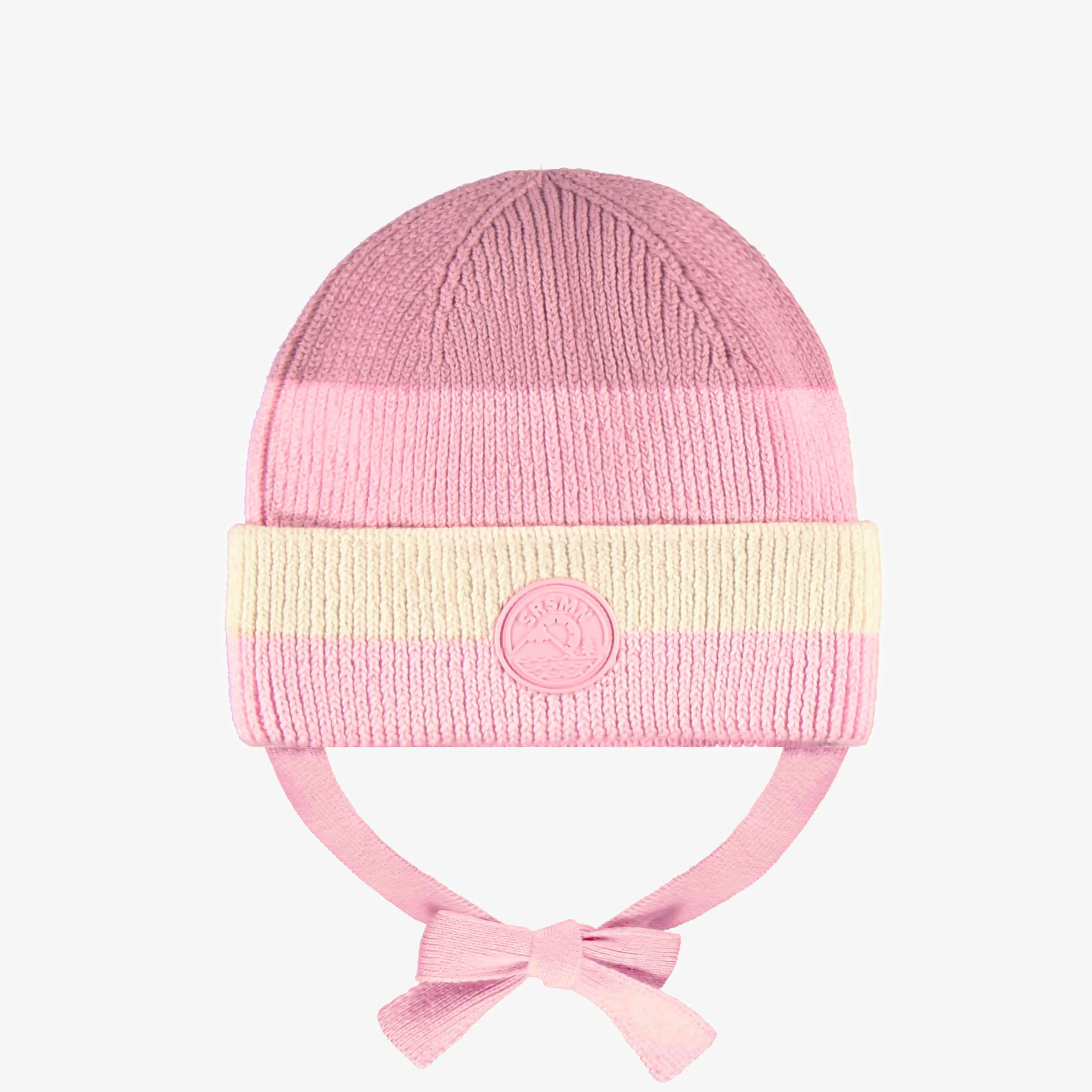 Tuque en tricot rose et crème, bébé || Pink and cream knit beanie, baby