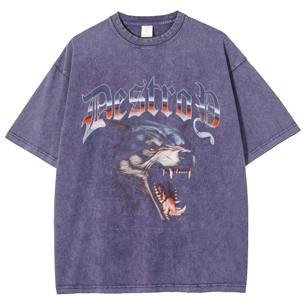 Unisex Vintage Fierce Wolf Darkness Style Graphic Short Sleeve Washed T-shirt