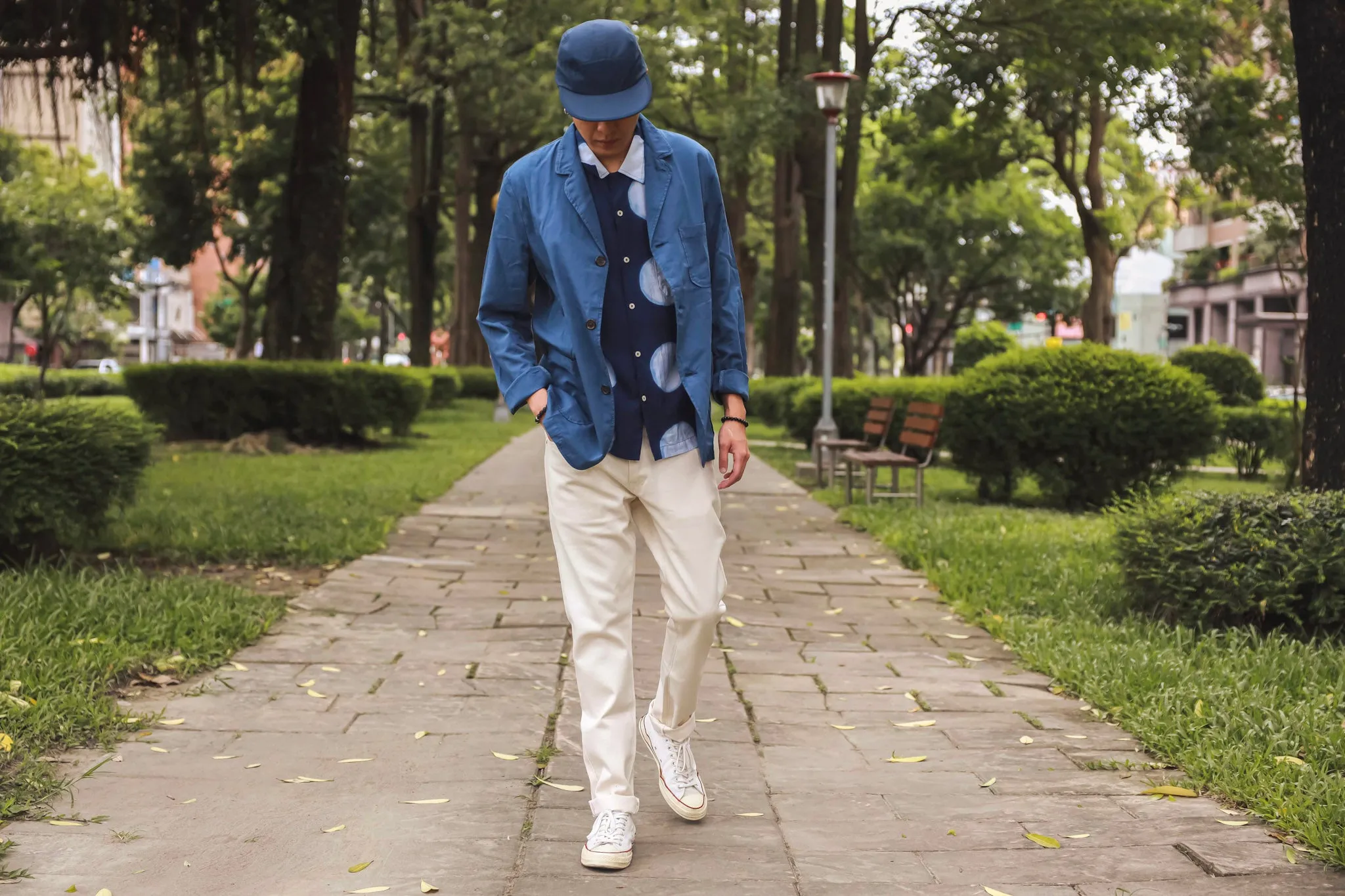 【Universal Works】Three Button Jacket In Indigo Summer Fine Canvas／三鈕扣藍染帆布薄外套
