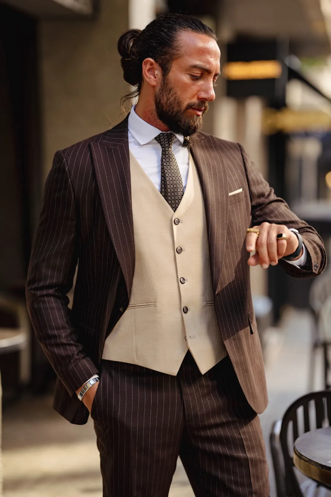 Vespo Beige & Brown Combination Suit - Slim-Fit Three-Piece Elegance