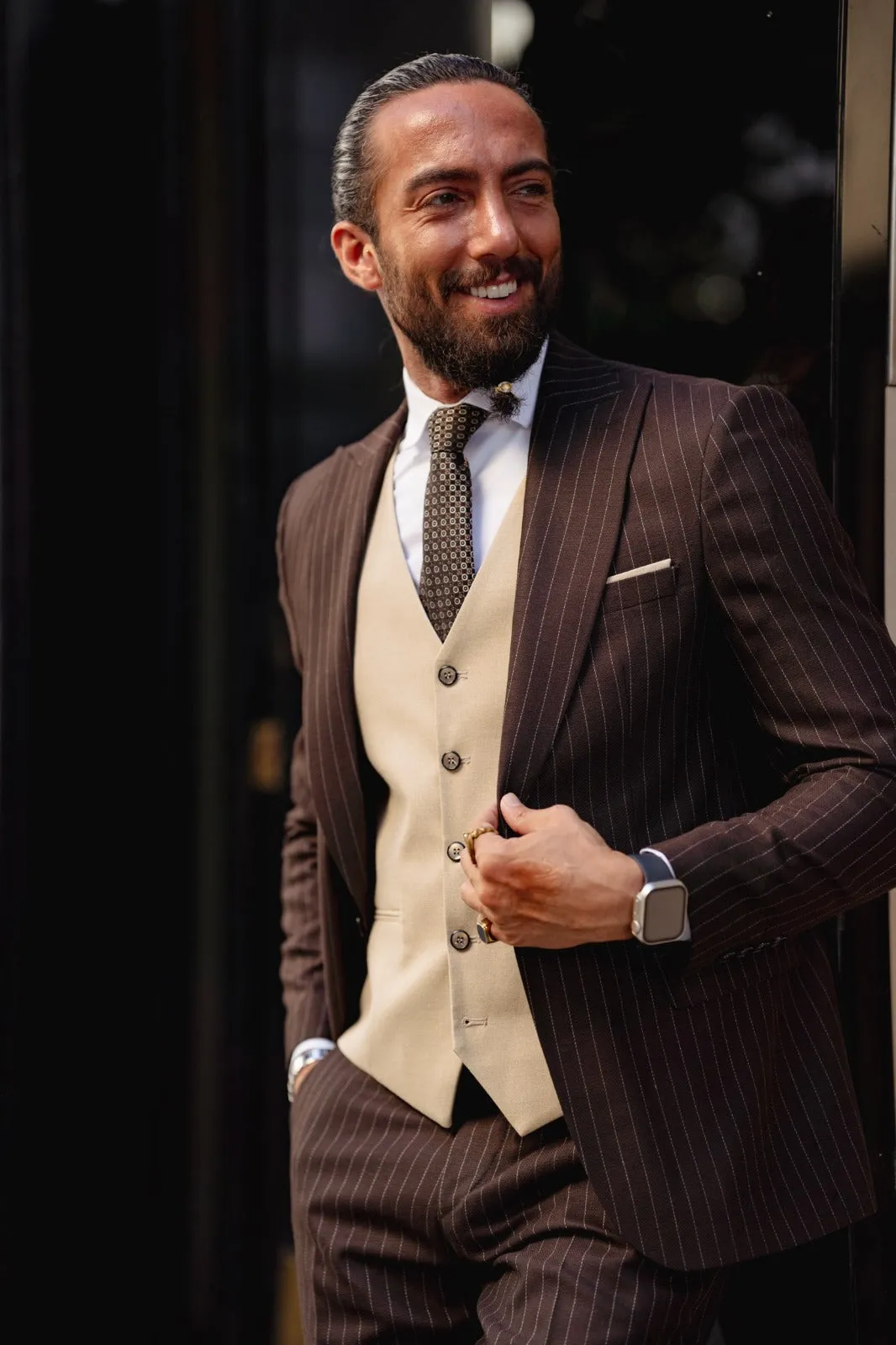 Vespo Beige & Brown Combination Suit - Slim-Fit Three-Piece Elegance