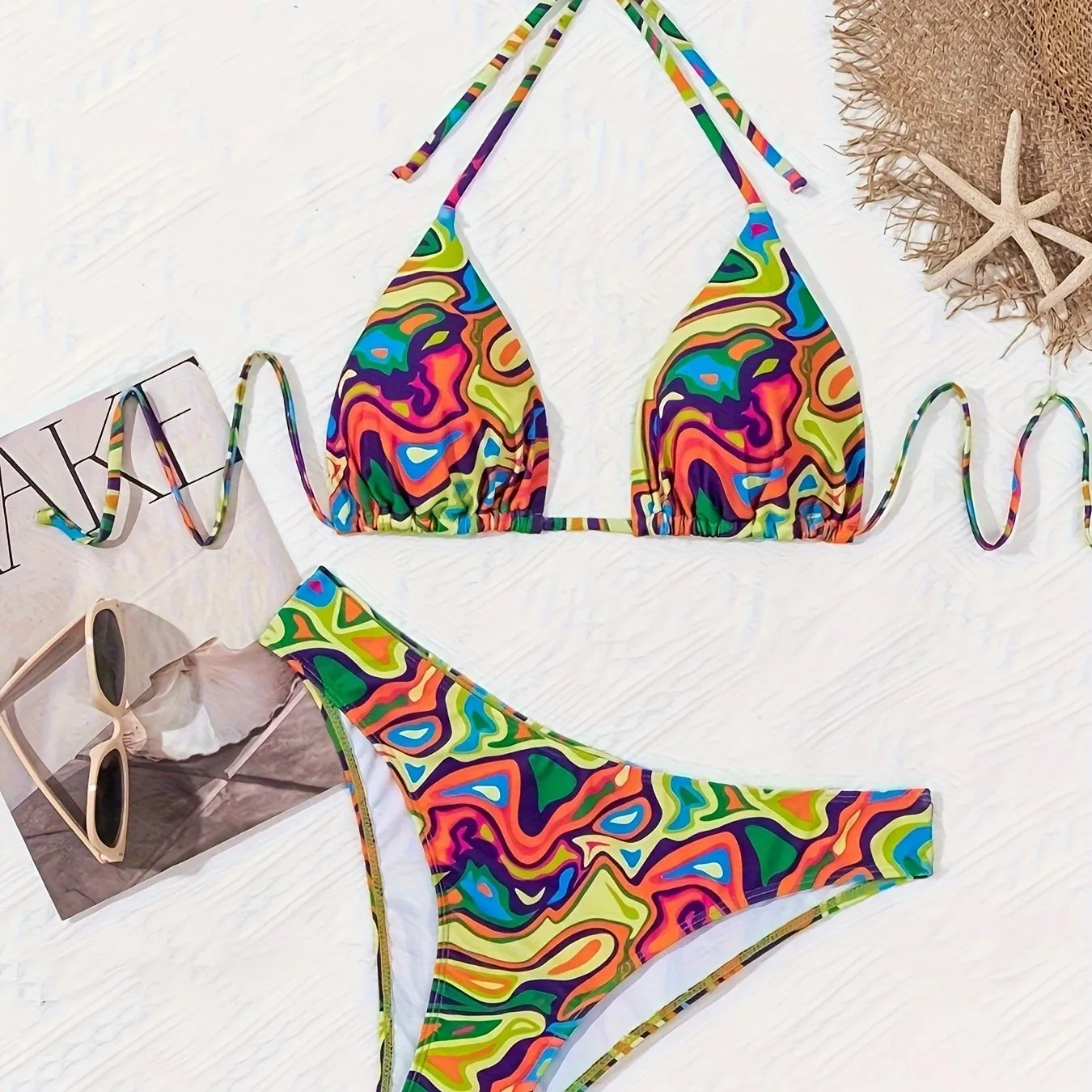 Vibrant 2 Piece Halter Bikini Set - Multi-Color Fluid Print, Triangle Tie Neck, Backless, Stretchy, Comfortable, Quick-Drying, Women's Swimwear & Clothing for Summer Beach Vacation