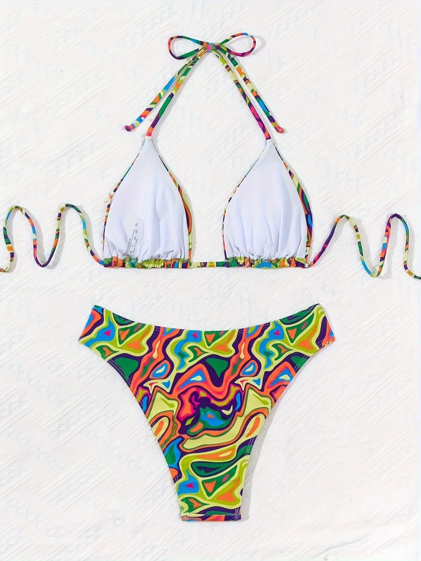 Vibrant 2 Piece Halter Bikini Set - Multi-Color Fluid Print, Triangle Tie Neck, Backless, Stretchy, Comfortable, Quick-Drying, Women's Swimwear & Clothing for Summer Beach Vacation