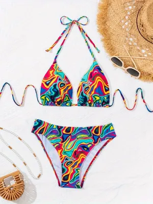 Vibrant 2 Piece Halter Bikini Set - Multi-Color Fluid Print, Triangle Tie Neck, Backless, Stretchy, Comfortable, Quick-Drying, Women's Swimwear & Clothing for Summer Beach Vacation