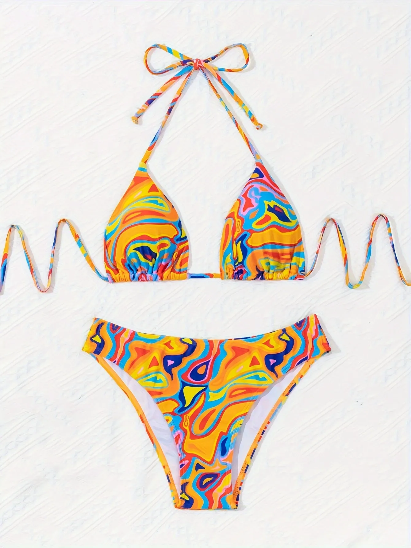 Vibrant 2 Piece Halter Bikini Set - Multi-Color Fluid Print, Triangle Tie Neck, Backless, Stretchy, Comfortable, Quick-Drying, Women's Swimwear & Clothing for Summer Beach Vacation
