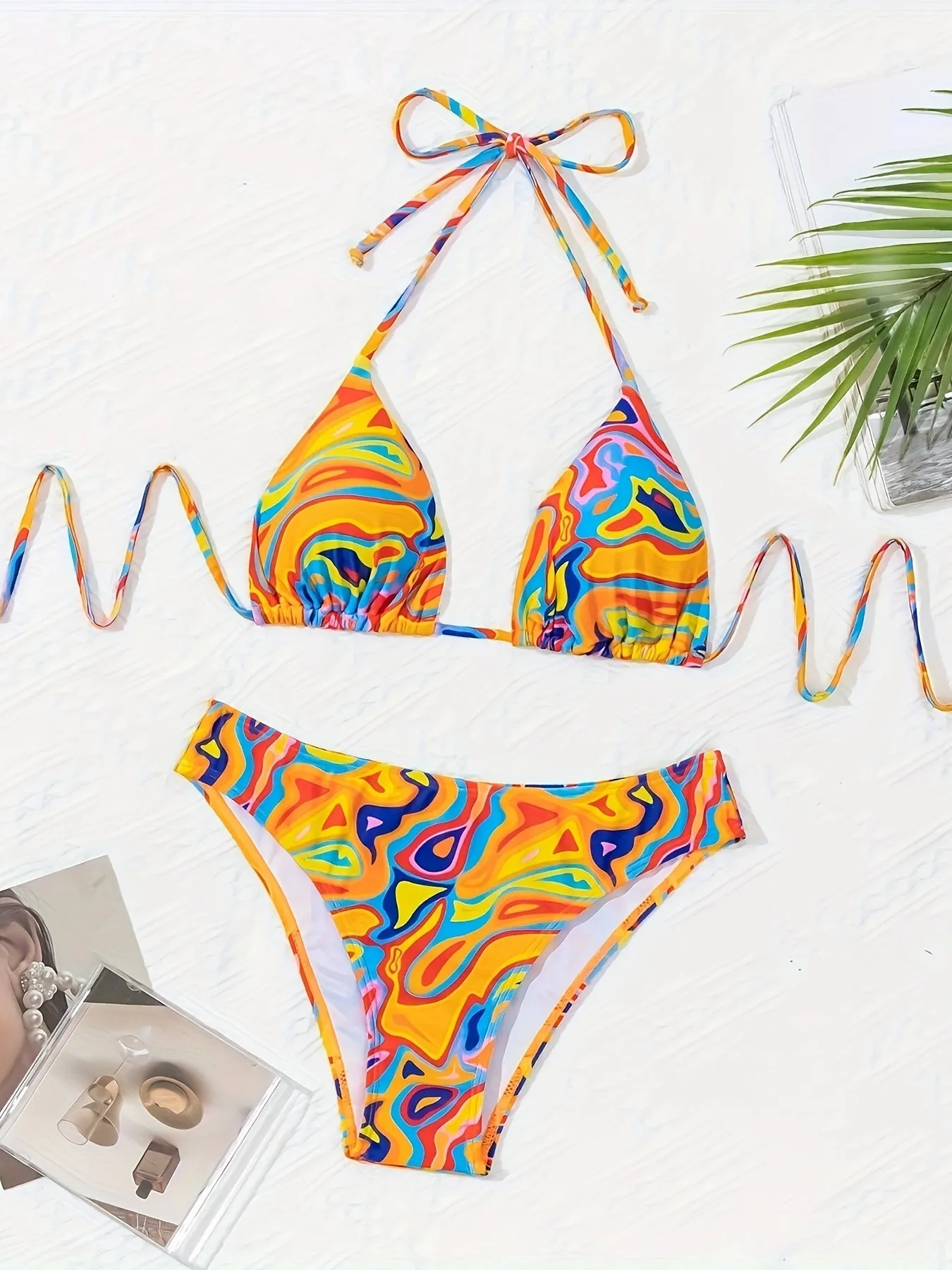 Vibrant 2 Piece Halter Bikini Set - Multi-Color Fluid Print, Triangle Tie Neck, Backless, Stretchy, Comfortable, Quick-Drying, Women's Swimwear & Clothing for Summer Beach Vacation