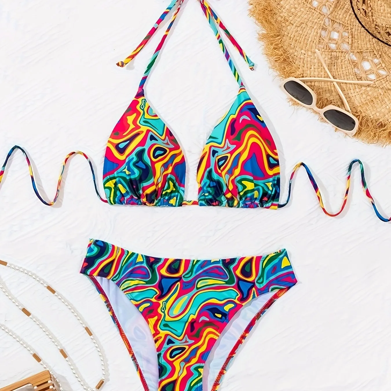 Vibrant 2 Piece Halter Bikini Set - Multi-Color Fluid Print, Triangle Tie Neck, Backless, Stretchy, Comfortable, Quick-Drying, Women's Swimwear & Clothing for Summer Beach Vacation