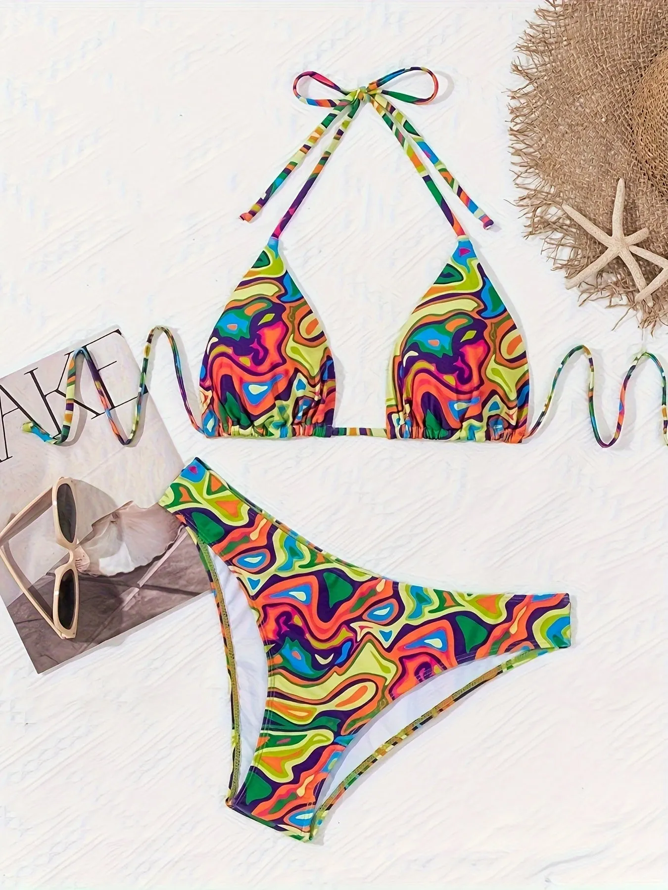 Vibrant 2 Piece Halter Bikini Set - Multi-Color Fluid Print, Triangle Tie Neck, Backless, Stretchy, Comfortable, Quick-Drying, Women's Swimwear & Clothing for Summer Beach Vacation