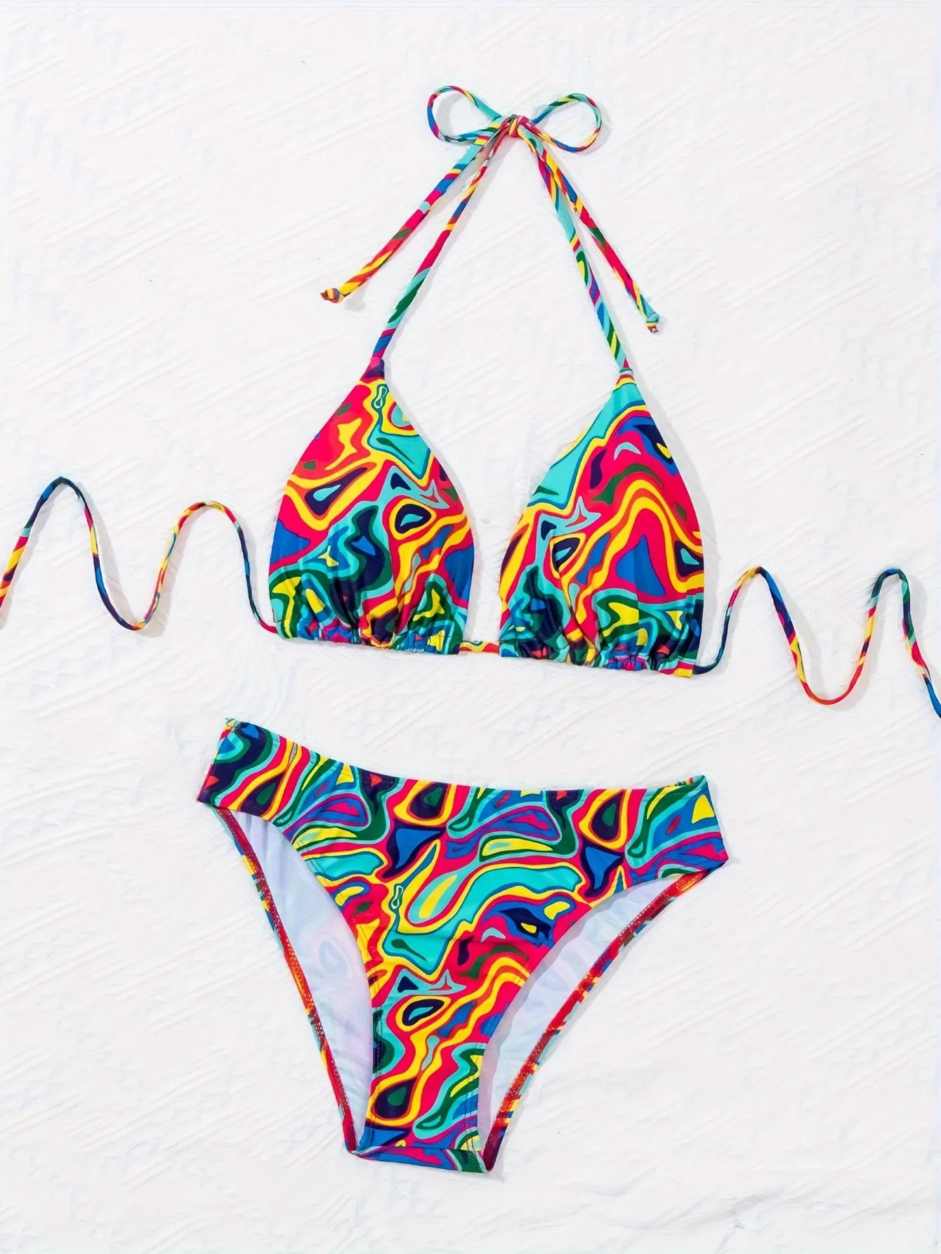 Vibrant 2 Piece Halter Bikini Set - Multi-Color Fluid Print, Triangle Tie Neck, Backless, Stretchy, Comfortable, Quick-Drying, Women's Swimwear & Clothing for Summer Beach Vacation