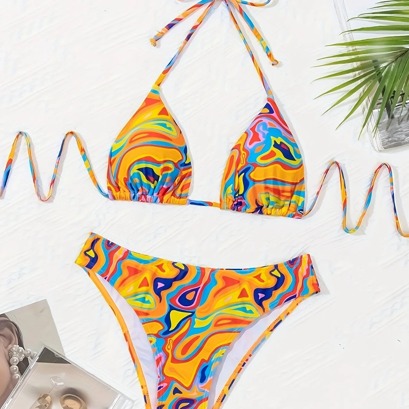 Vibrant 2 Piece Halter Bikini Set - Multi-Color Fluid Print, Triangle Tie Neck, Backless, Stretchy, Comfortable, Quick-Drying, Women's Swimwear & Clothing for Summer Beach Vacation