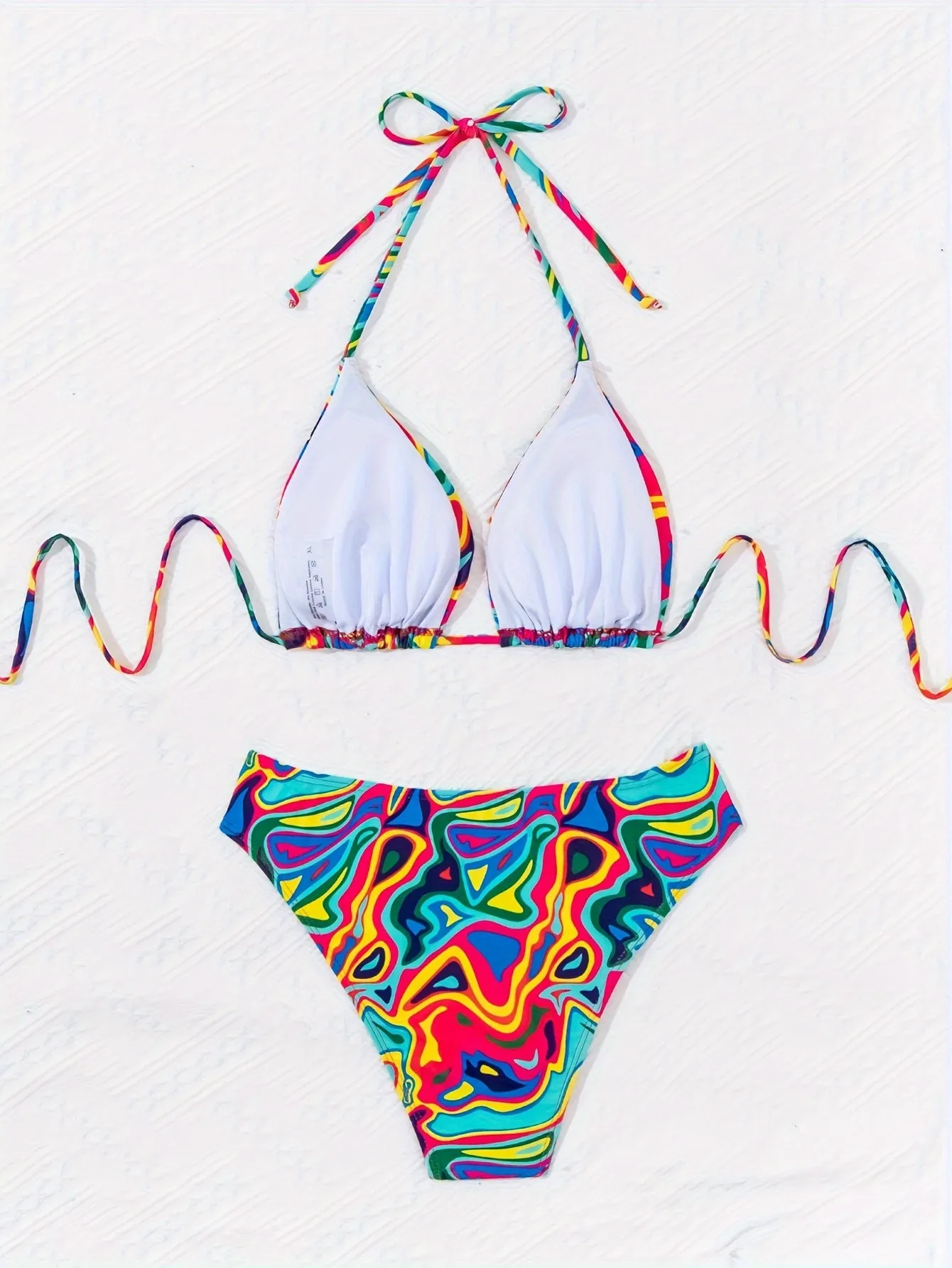 Vibrant 2 Piece Halter Bikini Set - Multi-Color Fluid Print, Triangle Tie Neck, Backless, Stretchy, Comfortable, Quick-Drying, Women's Swimwear & Clothing for Summer Beach Vacation
