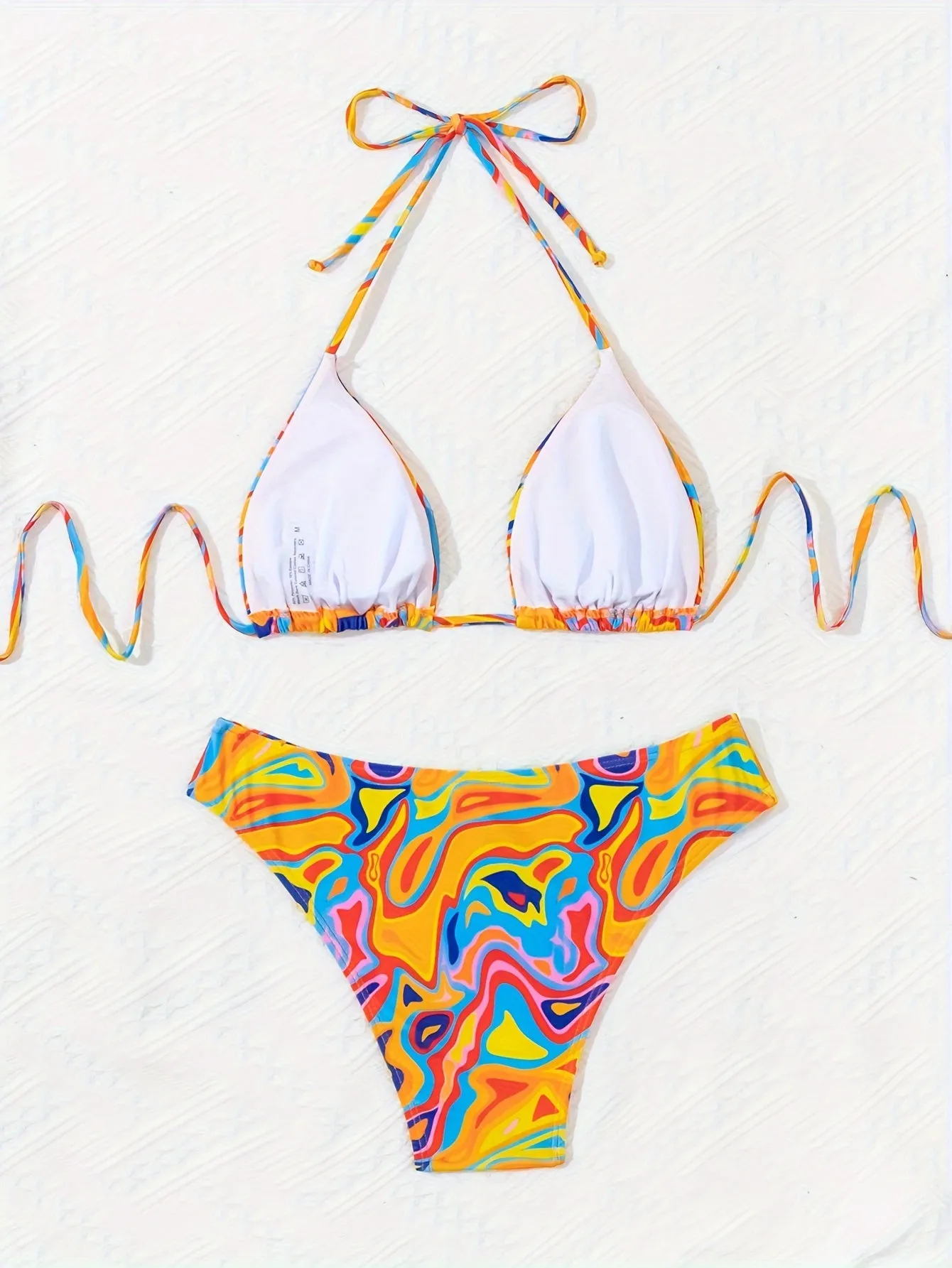 Vibrant 2 Piece Halter Bikini Set - Multi-Color Fluid Print, Triangle Tie Neck, Backless, Stretchy, Comfortable, Quick-Drying, Women's Swimwear & Clothing for Summer Beach Vacation