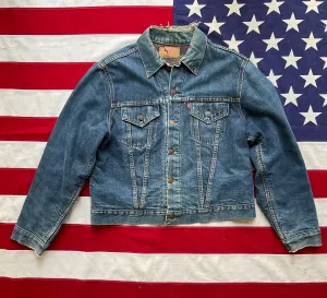 Vintage 1960’s LEVI’S Big E Type 3 Troy Blanket Lined Two Pocket Denim Trucker Jacket  Size L Made in USA