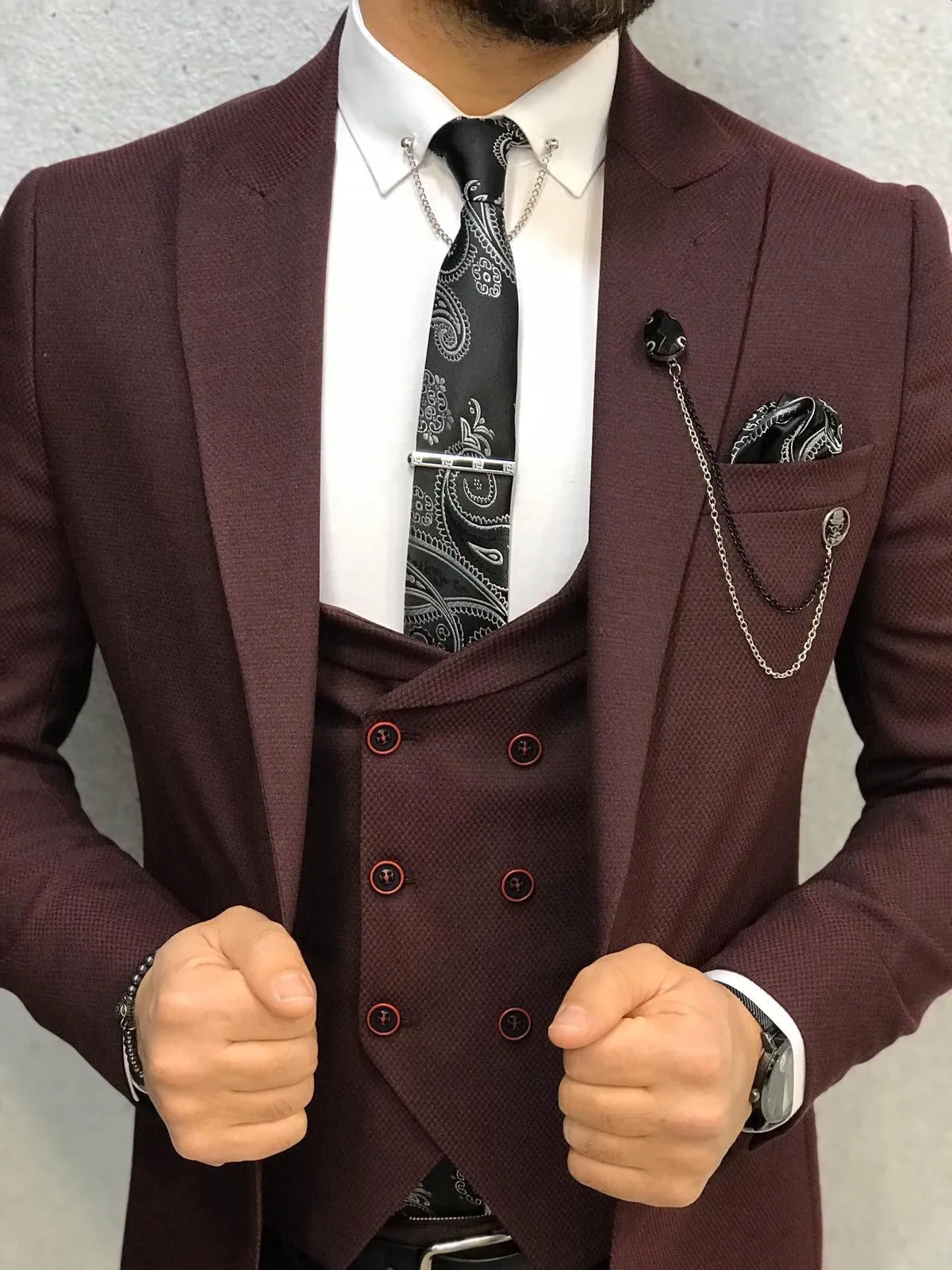 Wanker Claret Red Slim Fit Wool Suit