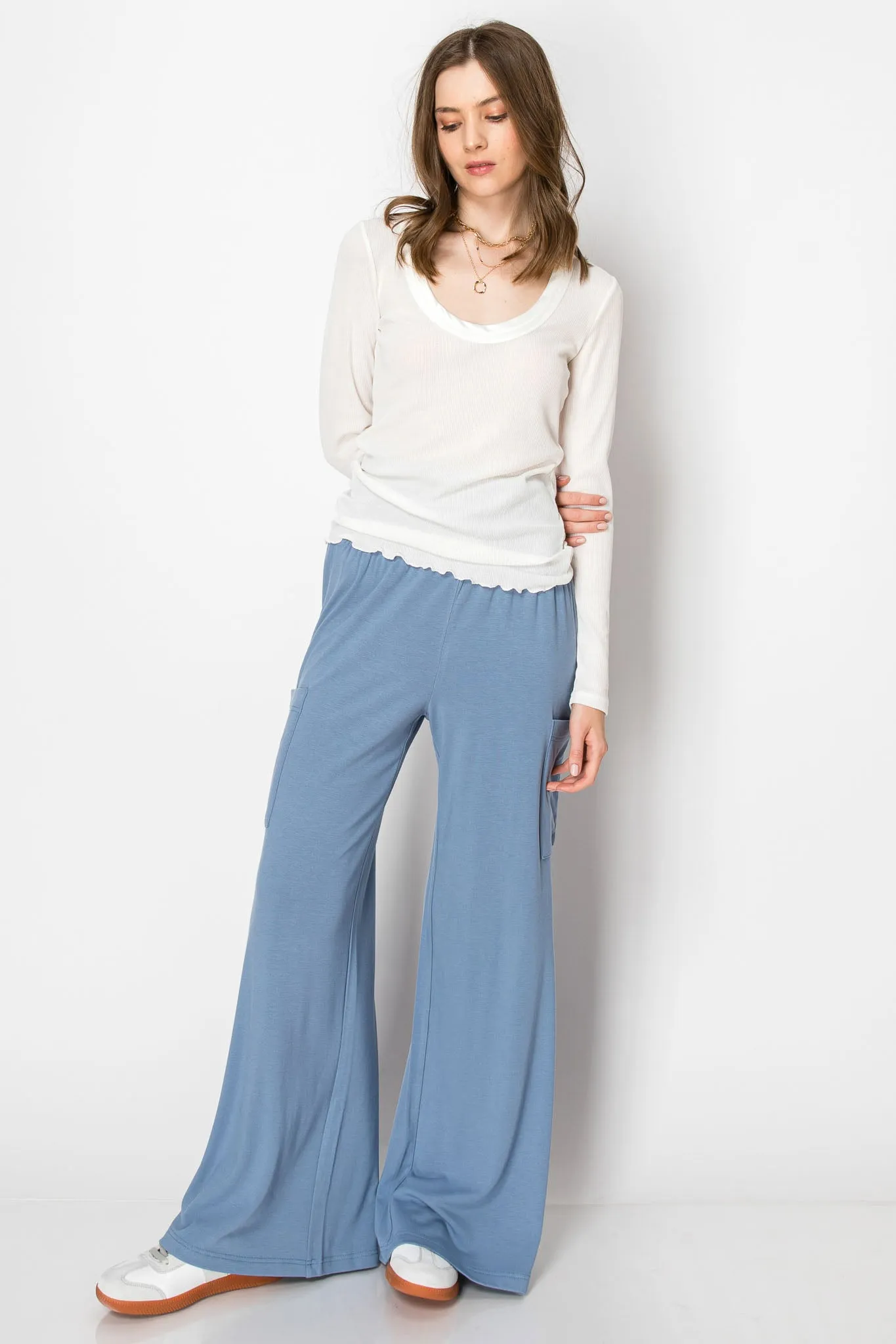 WIDE BANDED JERSEY KNIT FLARE PANTS WITH POCKETS