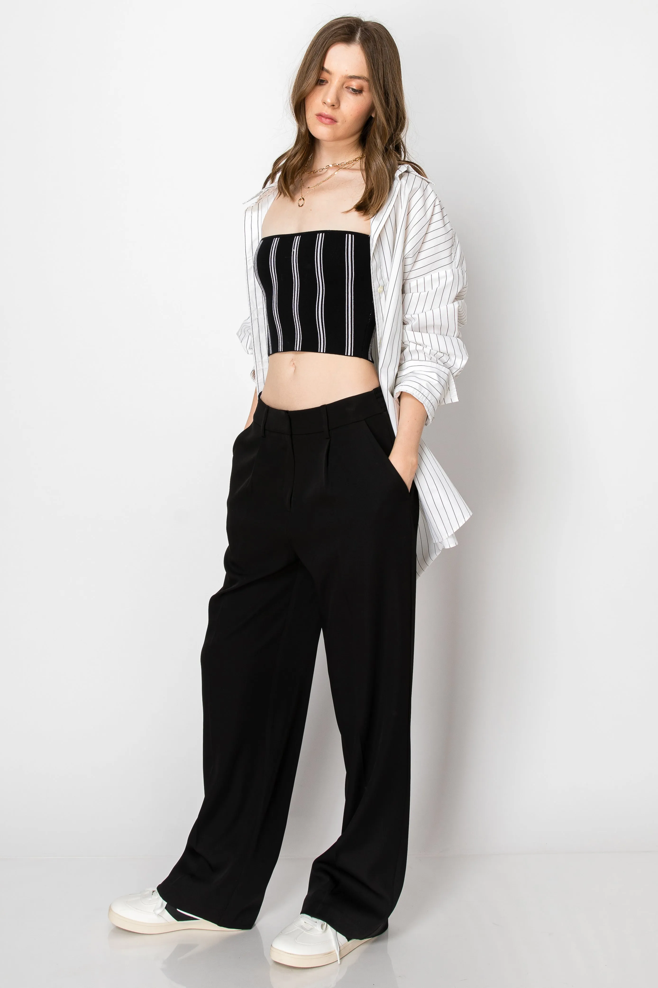 WIDE BANDED JERSEY KNIT FLARE PANTS WITH POCKETS