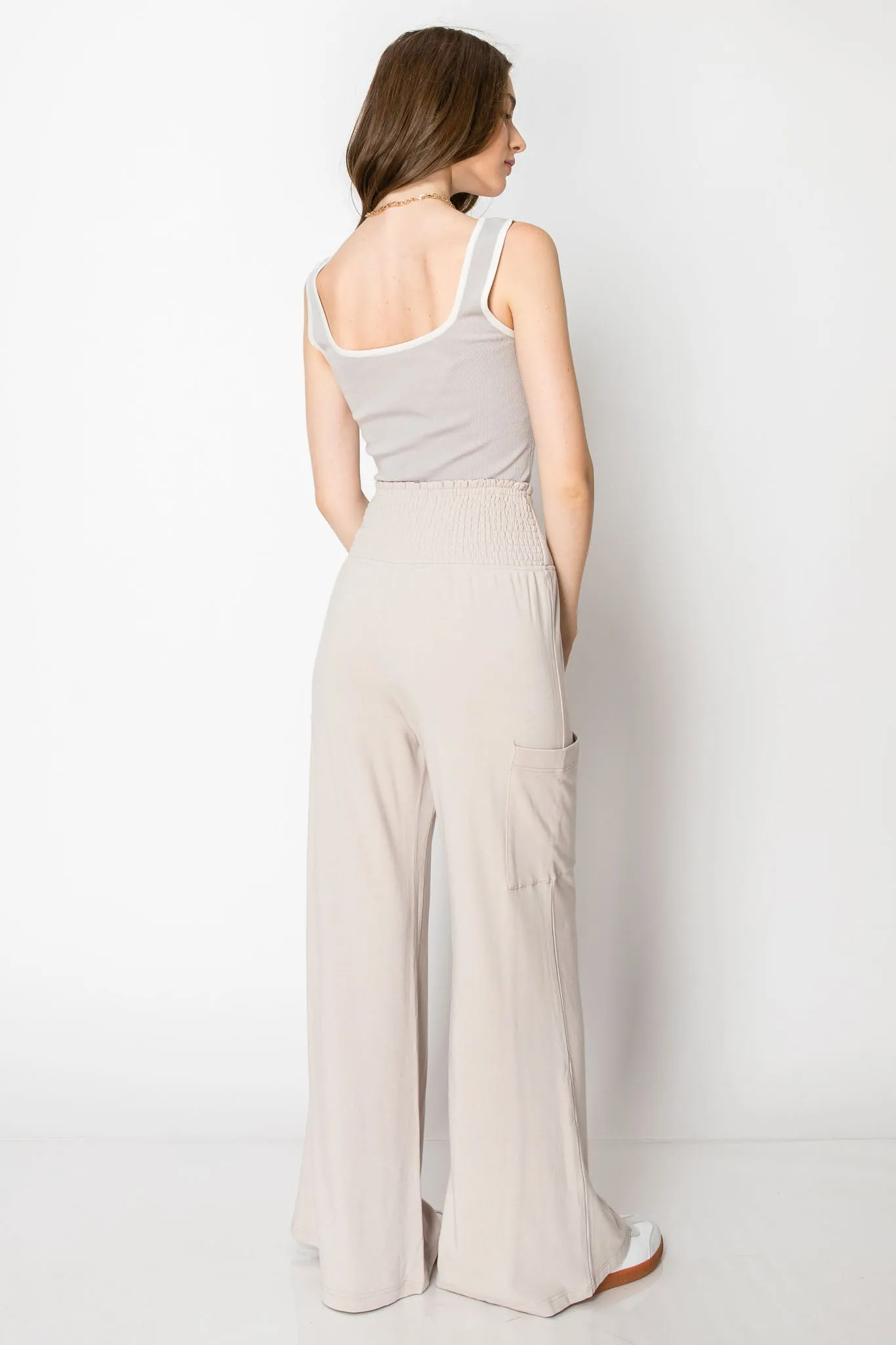 WIDE BANDED JERSEY KNIT FLARE PANTS WITH POCKETS