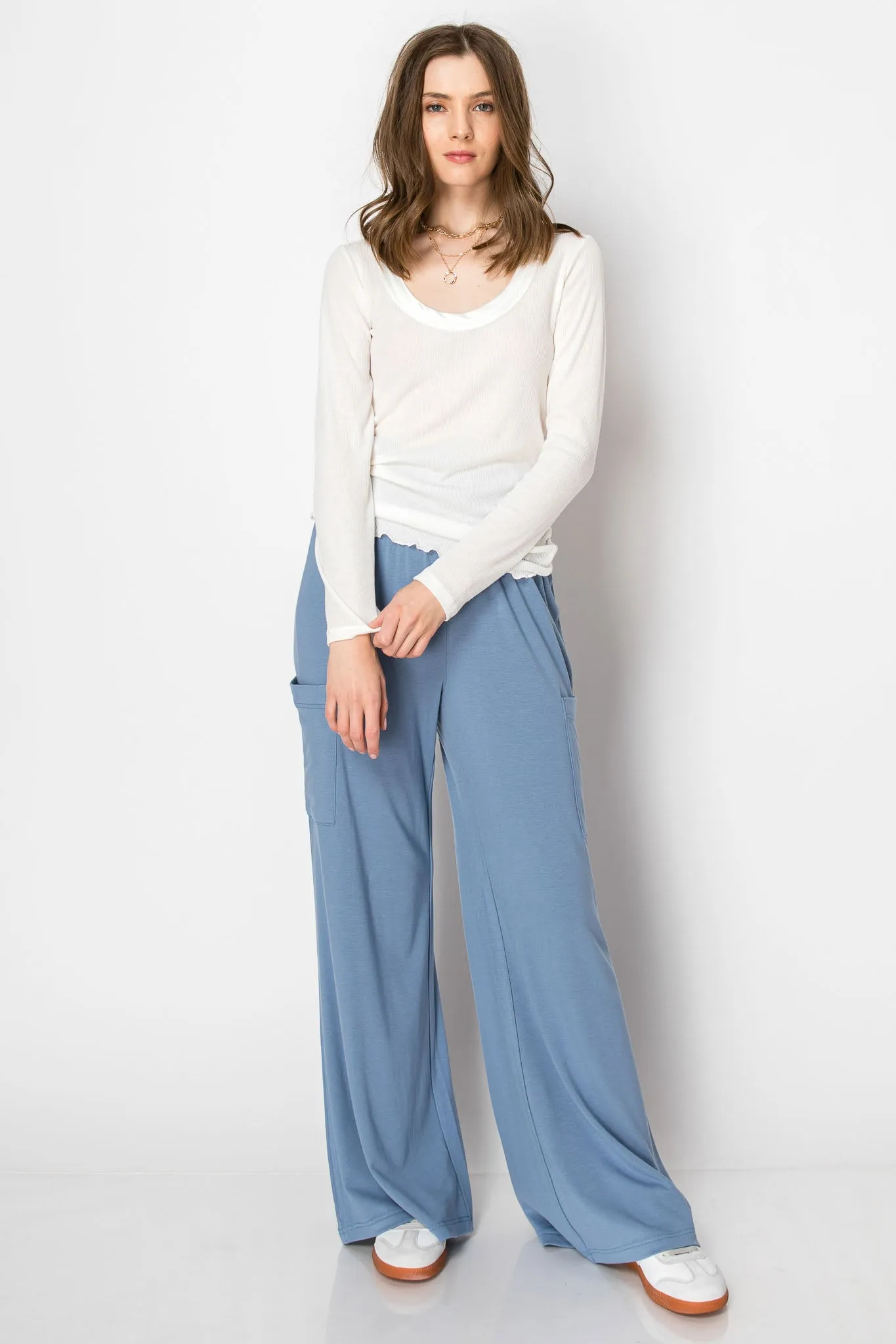 WIDE BANDED JERSEY KNIT FLARE PANTS WITH POCKETS