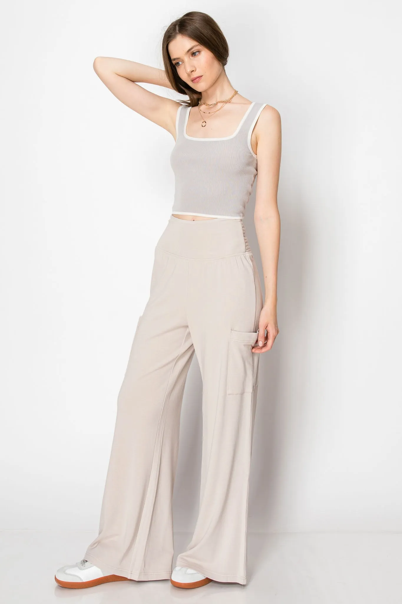 WIDE BANDED JERSEY KNIT FLARE PANTS WITH POCKETS