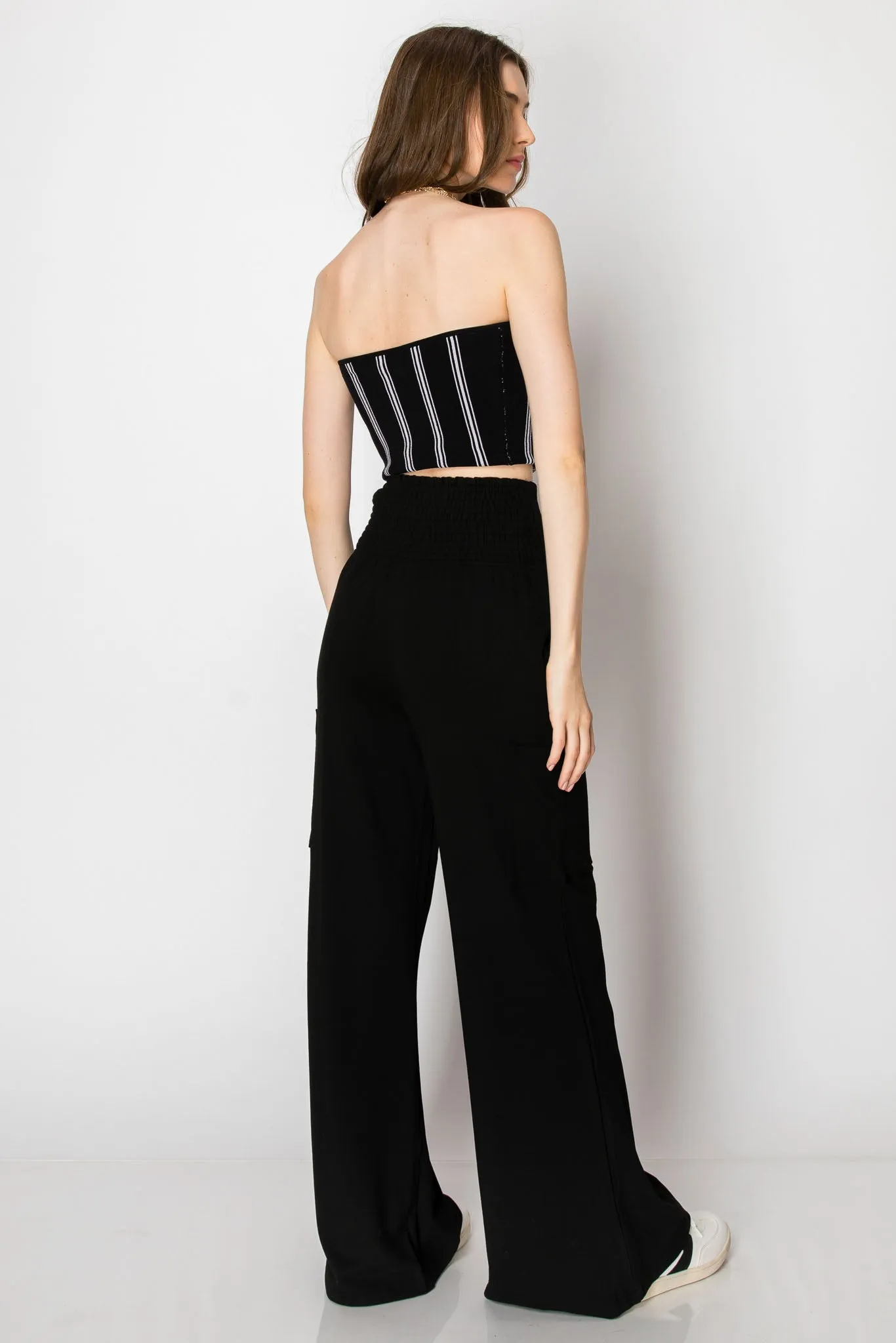 WIDE BANDED JERSEY KNIT FLARE PANTS WITH POCKETS