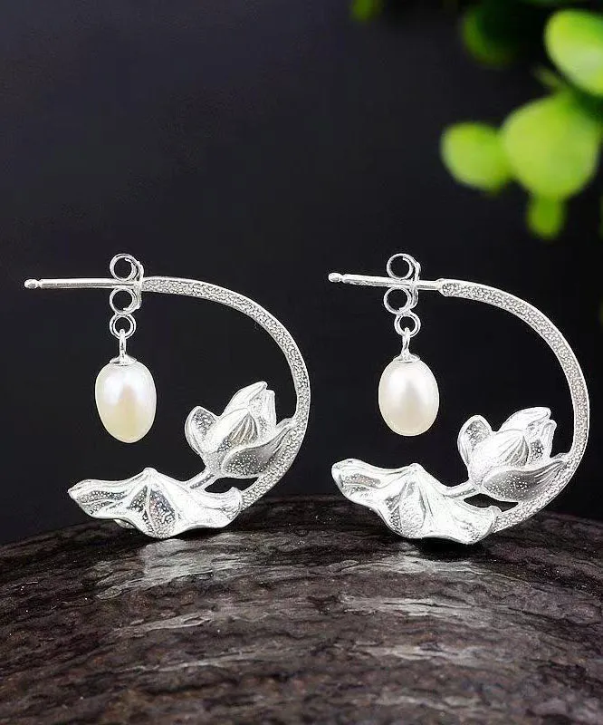 Women Blue Sterling Silver Cloisonne Inlaid Pearl Lotus Hoop Earrings