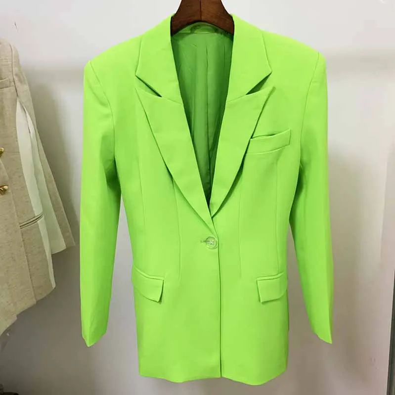 Women Loose Fit Neon Green Blazer Luxury One Button Coat