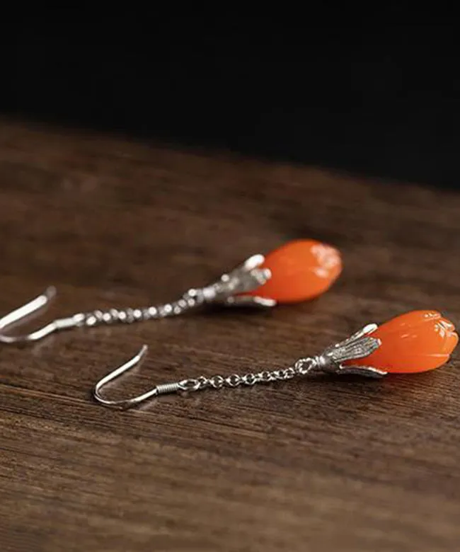 Women Silk Sterling Silver Jade Tassel Drop Earrings