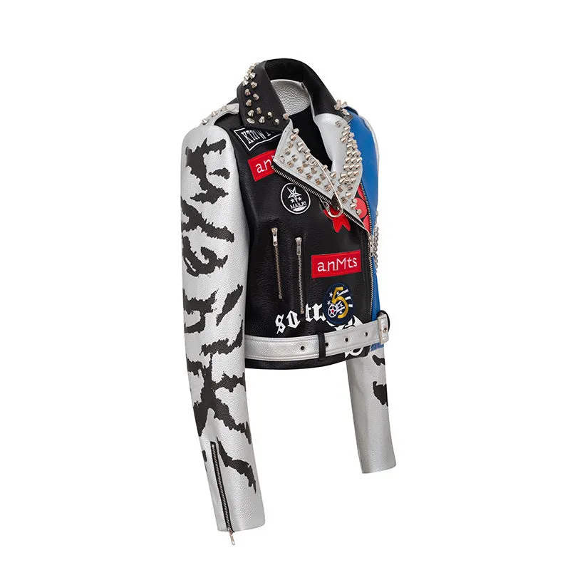 Women's Graffiti Printed Leather Motocycle Jacket.