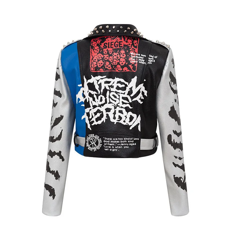 Women's Graffiti Printed Leather Motocycle Jacket.