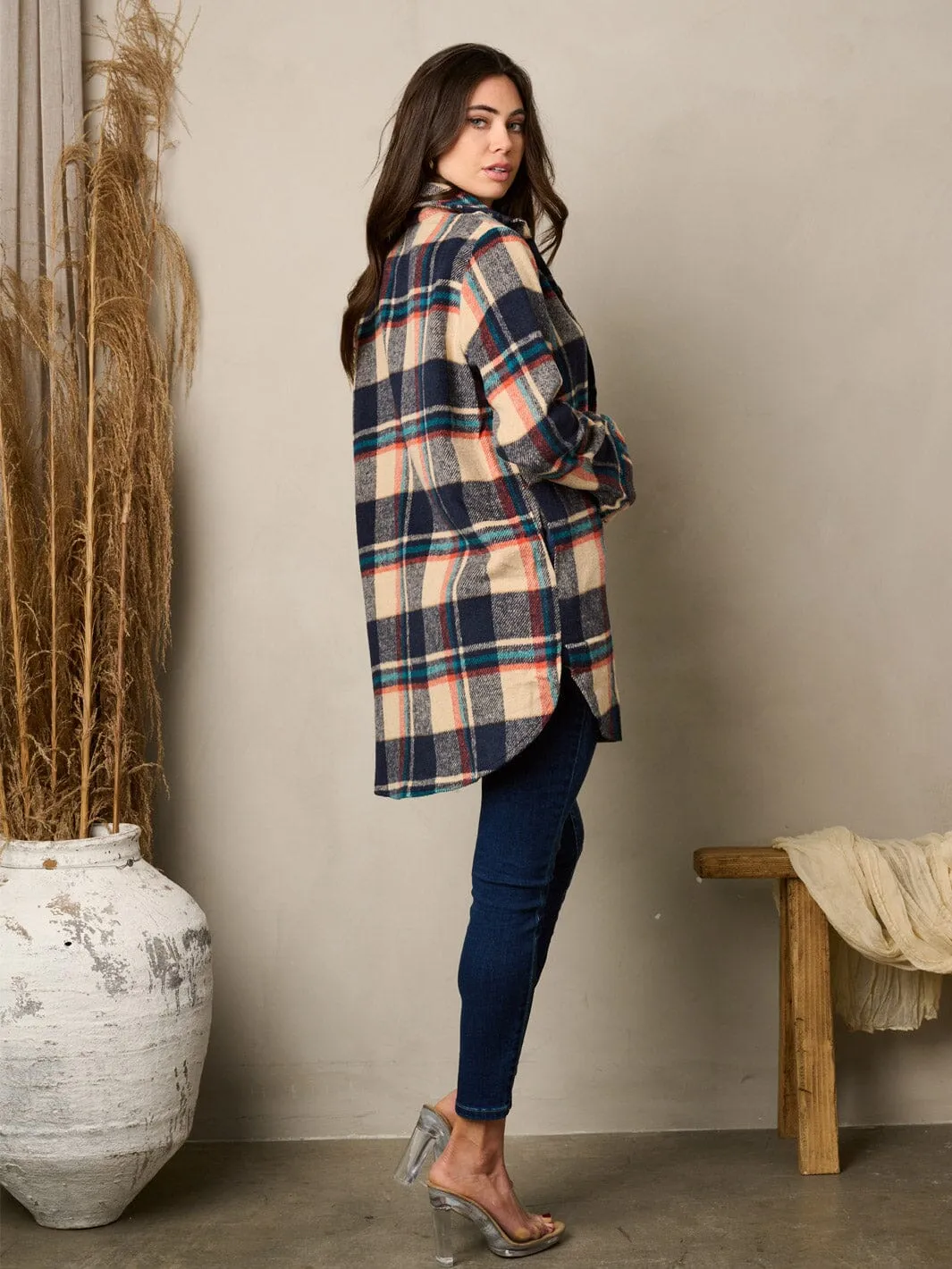 WOMEN'S LONG SLEEVE BUTTON UP POCKETS PLAID JACKET
