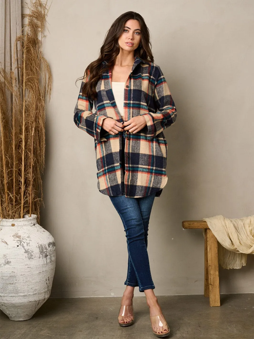 WOMEN'S LONG SLEEVE BUTTON UP POCKETS PLAID JACKET